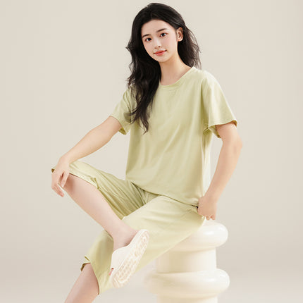 Summer Women's Pet Skin-feeling Cool Cotton Morandi Color-based Home Clothes Girl's Short-sleeved Cropped Pants Pajamas with Chest Pad