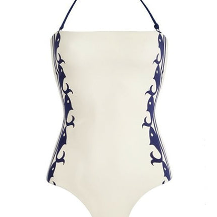 2025 Europe and the United States new navy style striped printed neck one-piece split swimsuit shorts suit women's cross-border explosions