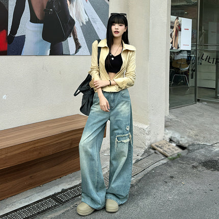Bumi House# Retro Ripped Jeans Women's 2025 Spring New Straight Loose High Waist Design Mop Pants