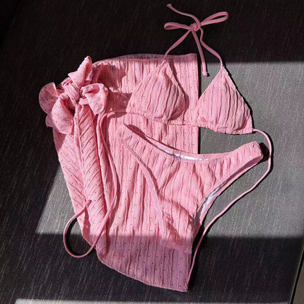 2025 European and American New Swimsuit Three-Piece Backless Drawstring Strap Bikini Bikini Three-Piece Swimsuit