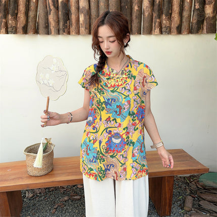 Chinese-Style Button Cotton Silk T-Shirt for Women, Summer Thin Large-Size Rayon V-Neck Pullover Printed Top, National Trend