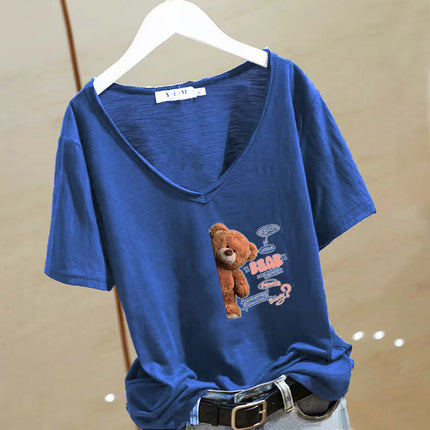 V-neck T-shirt Women's Cotton 2025 White Cartoon Short-sleeved regular Loose Printed Commuting Solid Color Base Shirt Trendy
