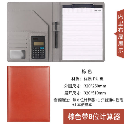 A4 Leather File Clipboard with 8-Digit Calculator Multi-Functional Manager Clip Car 4S Shop Folder to Make Log Storage