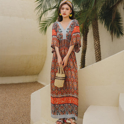 Cross-border ethnic style V-neck cotton silk short-sleeved beach skirt Thailand travel dress summer printed holiday floral skirt