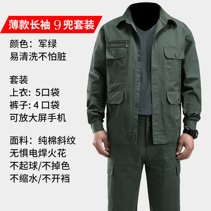 Summer Thin Work Clothes Suit for Men, Cotton-Containing Long and Short Sleeves, Breathable and Wear-Resistant Welding Work Clothes, Military Green Labor Protection Clothes
