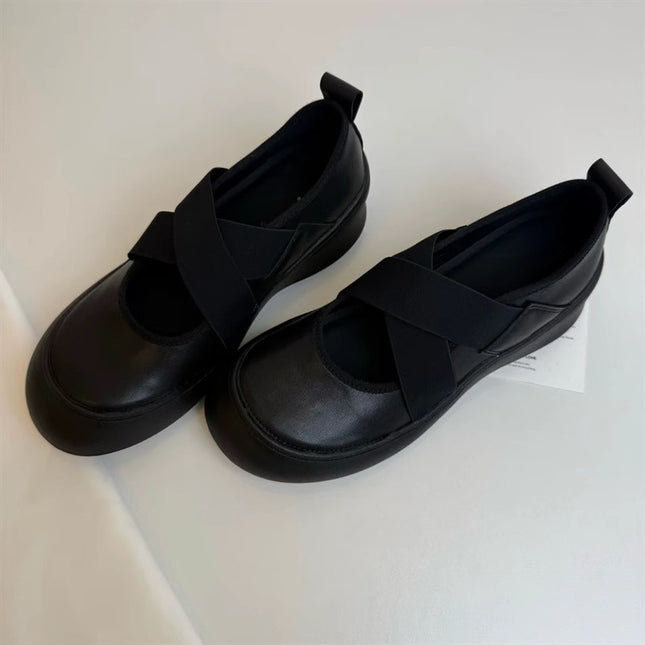 2026 Summer New Style Black Flat Leather Shoes Thick-Soled Retro Style Round-Toe Cross-Strap Mary Jane Shoes for Women