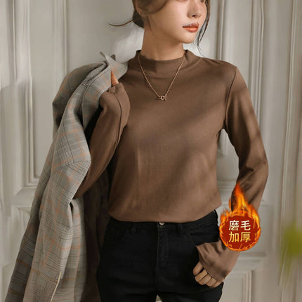 Brushed Thickeneded Small Stand-Up Collar Bottoming Shirt for Women in Spring, Autumn and Winter with Velvet and Thickeneding 2025 New Warm Top for Women