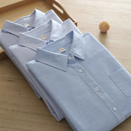 Han Fan Artistic Fresh Style Vertical Stripe Loose Cotton Oxford Textile Commuter Shirt Women's Long Sleeve Base Shirt with Inner Fashion
