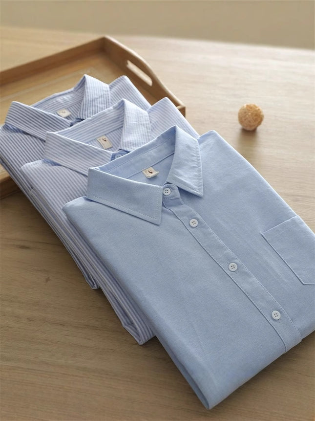 Han Fan Artistic Fresh Style Vertical Stripe Loose Cotton Oxford Textile Commuter Shirt Women's Long Sleeve Base Shirt with Inner Fashion