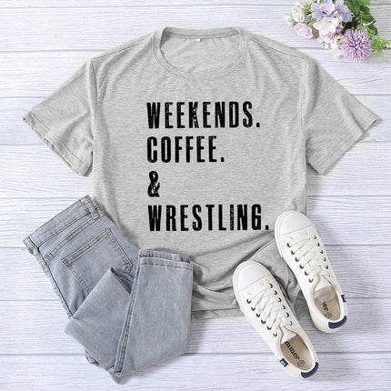 Cross-border Amazon WEEKENDS COFFEE WRESTLING printed short-sleeved women's top T-shirt European code