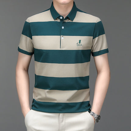 Mingdi Mouse Men's Summer New Pure Cotton Short-sleeved Men's T-shirt Striped Casual Lapel Large Size Men's Polo Shirt
