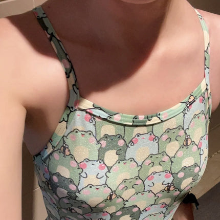New One-Piece Swimsuit for Women, Sexy Hot Girl Frog Print, Fresh and Conservative Hot Spring Professional Racing Swimsuit