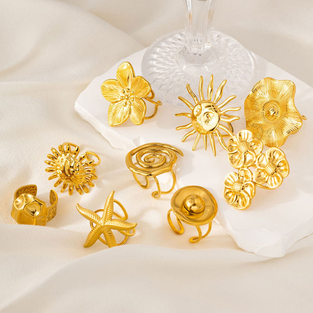European and American Cross-Border 18K Gold Sunflower Ring, Accessible Luxury Niche Titanium Steel Ring, Fashionable and High-End Jewelry Wholesale