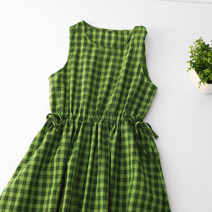 Real Shot of Cotton and Linen Green Plaid Fresh and White Sleeveless Waist Drawstring Summer Dress Literary Skirt Travel Skirt