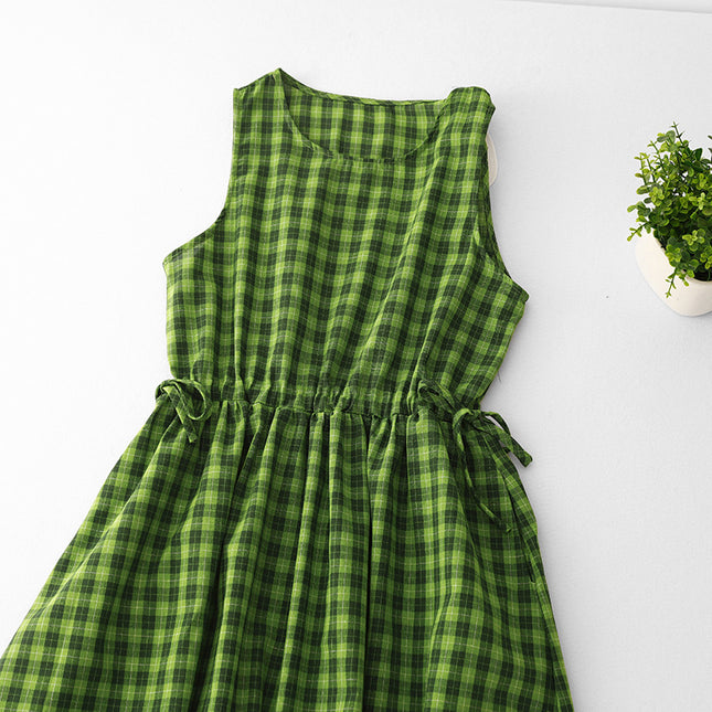 Real Shot of Cotton and Linen Green Plaid Fresh and White Sleeveless Waist Drawstring Summer Dress Literary Skirt Travel Skirt