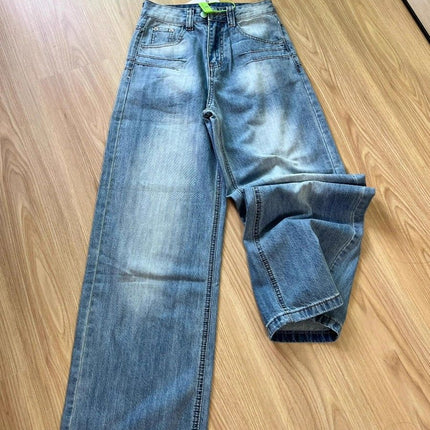 American-Style Autumn New High Street Loose Straight-Leg Jeans for Women with a Designer Feel, Washed Blue High-Waisted Slimming Wide-Leg Pants
