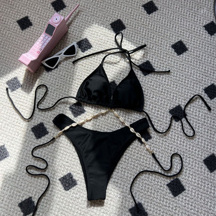 2025 European and American Plain New Sexy Shell Chain Swimsuit Swimsuit Bikini Bikini Cross-Border Export