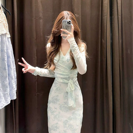 French Green v Neck Floral Mesh Long-sleeved Dress Women's Cardigan Sense Slim Waist Elegant Two-piece Set