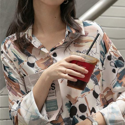 Personalized Printing ~ Retro Elegant Niche Hong Kong Style Long-Sleeved Shirt for Women Spring & Fall New Loose Casual Lapel Shirt