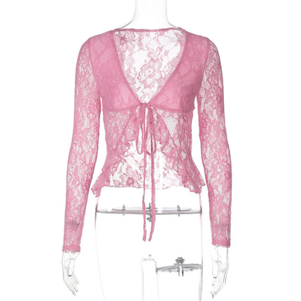 European and American Style Cross-Border Women's Lace Splicing Lace-Up Cardigan See-Through Fashion Party Sexy Slim Top for Women