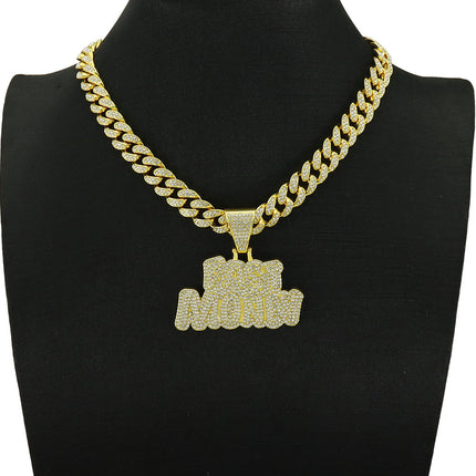 Cross-border diamond stitching letter pendant Cuban chain necklace hipster hip-hop rap cool domineering locomotive clavicle chain