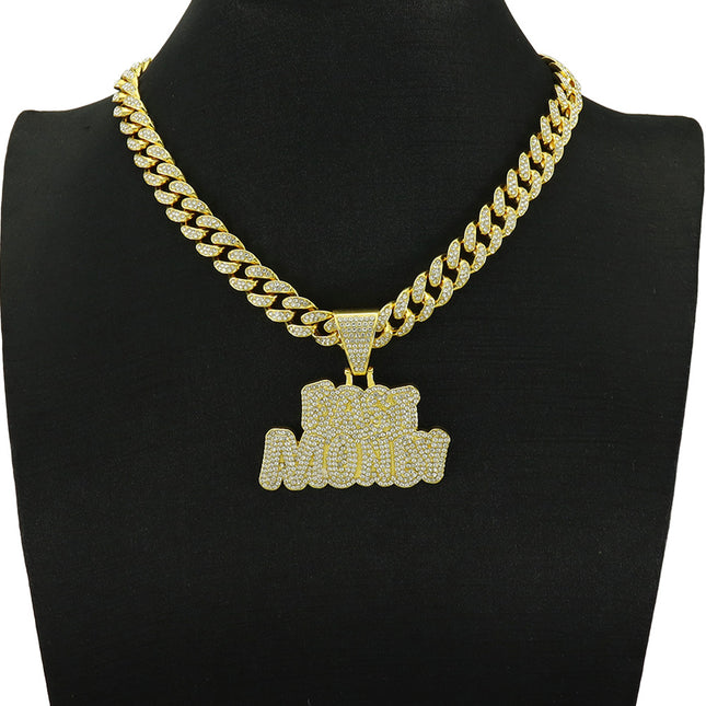 Cross-border diamond stitching letter pendant Cuban chain necklace hipster hip-hop rap cool domineering locomotive clavicle chain