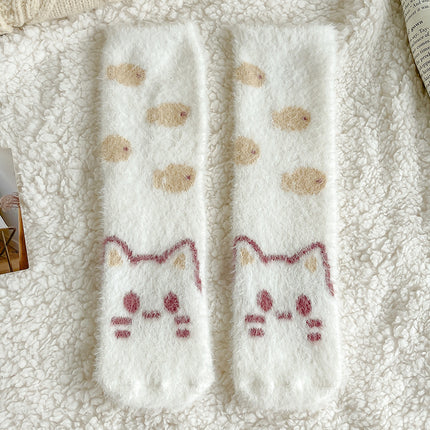 Mink velvet socks for women autumn and winter thickened warm cute home cartoon plush sleeping floor mid-calf confinement socks