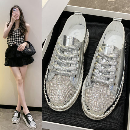 Internet Celebrity Rhinestone Fashion Large Size Single-layer Shoes Women's 2024 New Korean Style Lace-up Niche Design Casual Comfortable Sneakers