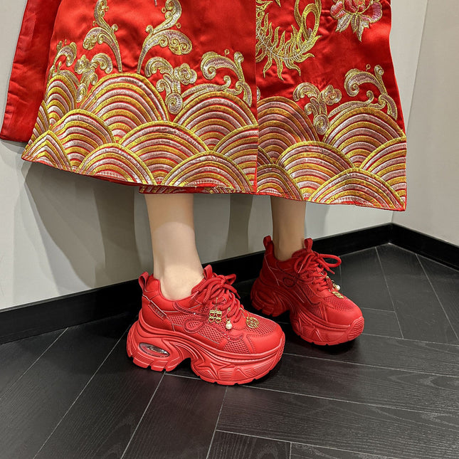 Xiuhe Wedding Shoes for Women 2026 New Model Red High-Heeled Breathable Dad Shoes for Women Height-Increasing Thick-Soled Sports Bridesmaid Bride Shoes