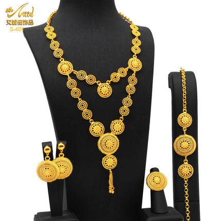 Gold-Plated Pendant Jewelry Set Bridal Wedding Jewelry Sand Gold Long Necklace Bracelet Ring Earrings Cross-Border Best-Selling Model