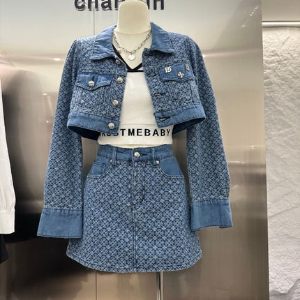 Denim suit Women's 2024 Spring New Style Temperament Age-reducing Fashion Jacket Skirt Two-piece Set Small Fragrant Style