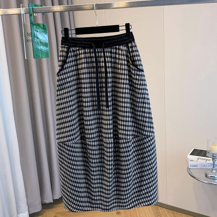 Real Shot of 2025 Summer New Products Loose Retro Slim Plaid Lace-Up Elastic Waist Casual Versatile Skirt for Women