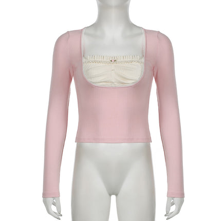 C530Tp European and American Cross-Border Lace Square Neck Waist Slim Sexy Sexy Contrasting Color Long-Sleeved Figure-Showing Short Top