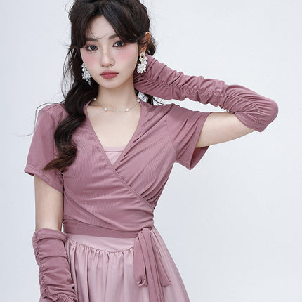 Sweet Bean Paste Color Ballet Girl Simple Sleeves Detachable Suspender Blouse to Cover the Flesh Hot Spring Seaside Swimsuit for Women