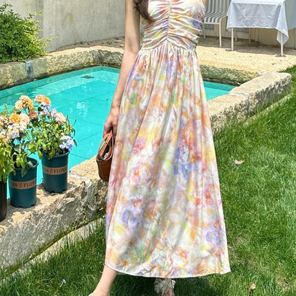 French-Style Oil Painting Halter Neck Spaghetti Strap Dress for Women, New Summer Vacation Style, Backless Floral Mid-Length Dress Ins