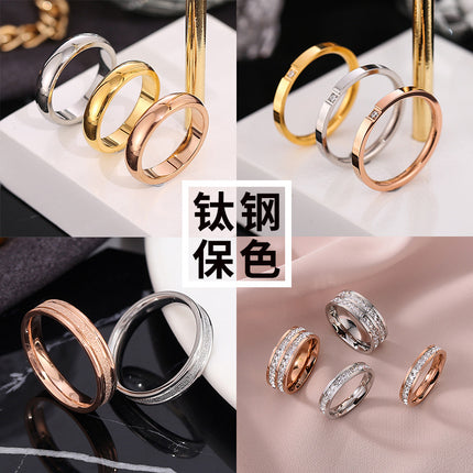 European and American Hot Titanium Steel Full Diamond Zircon Ring 18k Rose Gold Index Finger Couple Ring Ins Simple Trendy Jewelry for Women