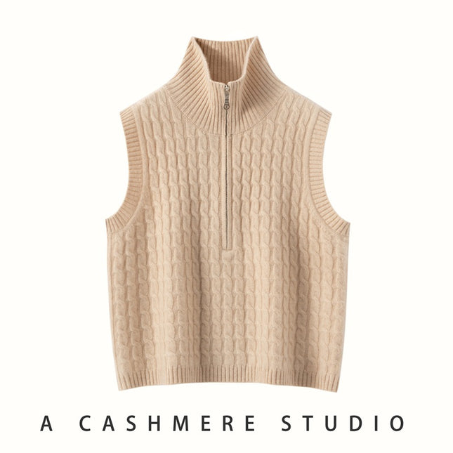 Full-Body Cable Knit Solid Color Women's Cashmere Knitted Vest Half-Open High-Neck Sleeveless Sweater Outerwear Layered Waistcoat