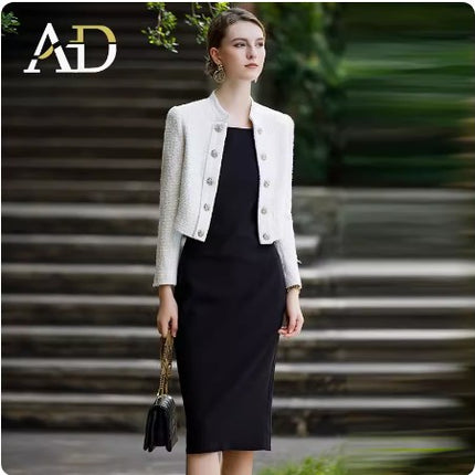 Autumn and winter fashion Chanel style tweed short coat women's skirt suit elegant socialite design white hip skirt