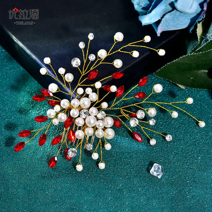 Youlapan European and American Cross-Border Pearl Hair Comb Red Rhinestone Hair Accessory Hairpin Comb Ancient Style Birthday Gift Hp851