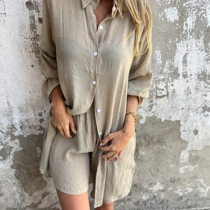 2025 cross-border Europe and America Amazon new women's casual solid color cotton and linen shorts long sleeve wrinkled cloth shirt two-piece set