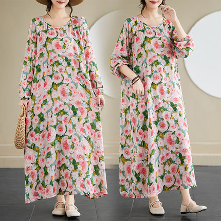 Real shot 2025 spring new literary retro long sleeve age-reducing temperament women's printing casual long dress