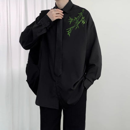 New Chinese Style Ice Silk Tang Dress Shirt Men's National Style Vintage Oil Painting Green Bamboo Printing Long Sleeve Shirt