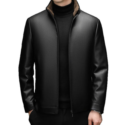 Men's Stand-Up Collar Leather Jacket Autumn and Winter Removable Liner Warm and Stylish Zipper Jacket Trendy Tops for Young and Middle-Aged People