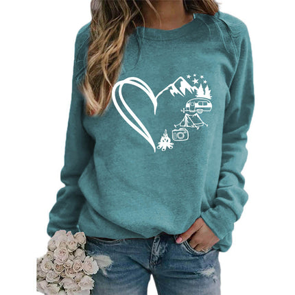 Love Camping Printed Round Neck Jacket Sweatshirt European Size Women's Coat Long Sleeve Cross-border Autumn and Winter Foreign Trade Supply