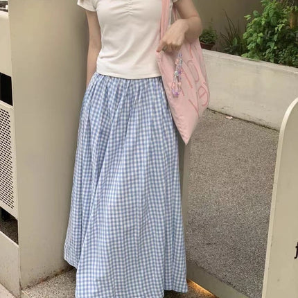 Summer New College Style Clear Blue Plaid Skirt for Women, Loose, Slim and Versatile Casual Skirt for Women
