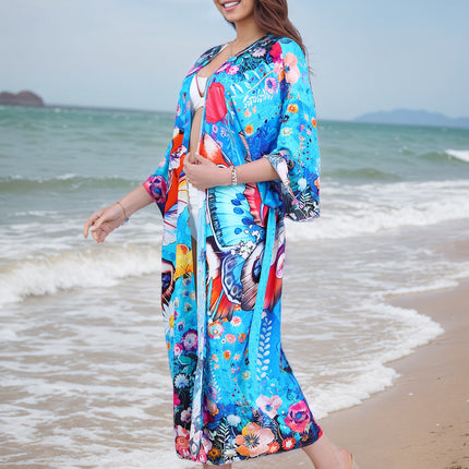2025 New Rayon Bee Print Beach Cover-Up Seaside Vacation Cardigan Bikini Sun Protection Outer Wear Cross-Border
