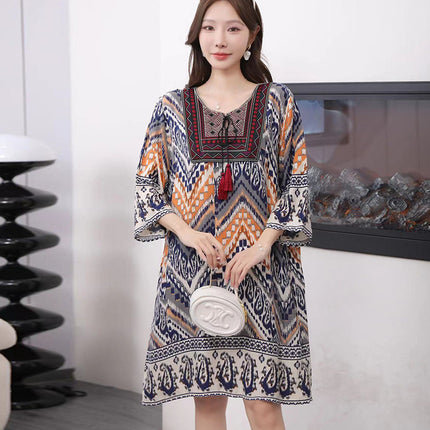 Extra Large Size Ethnic Style Round Neck Three-Quarter Sleeve Dress Loose Embroidered Flower Cotton Silk Travel Beach Skirt for Women