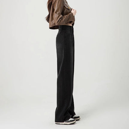 Black Grey High Waist Wide Leg Jeans Women's Straight Loose Trendy All-match New Casual Slim-fit Long Pants
