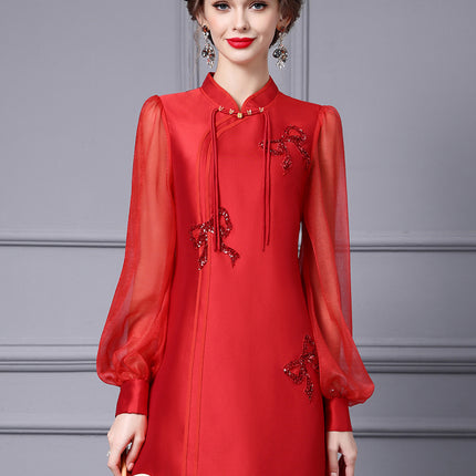 Zhili New Chinese Style Red Festive A-Line Dress 2026 Spring New Model Tummy-Concealing Long Sleeve Dress for Important Occasions