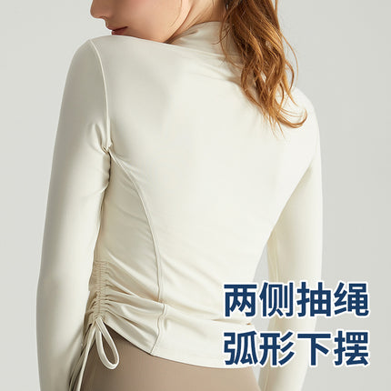 Chuanton Long-Sleeved Fitness Clothing Tops for Women Half-Zip Stand-Up Collar Drawstring Pleated Slim Outer Wear Sports Yoga Clothing